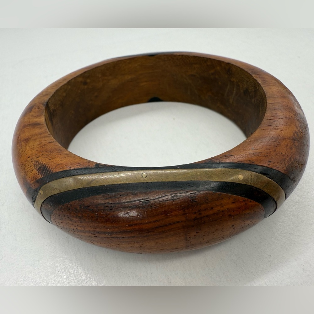 Vintage Wood & Metal Inlay Chunky Large Bangle‎ Bracelet Stylish Retro Accessory